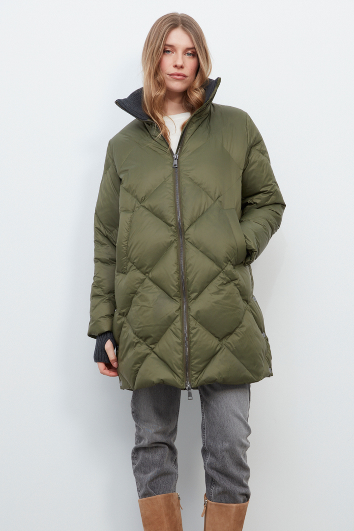 Adroit Atelier Dana High Collar Diamond Quilted Down Coat in Green available at Barbara Katz