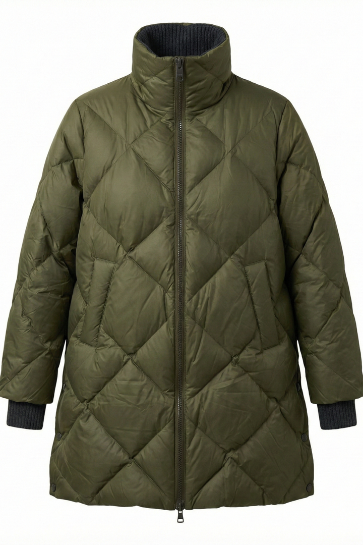 Adroit Atelier Dana High Collar Diamond Quilted Down Coat in Green available at Barbara Katz