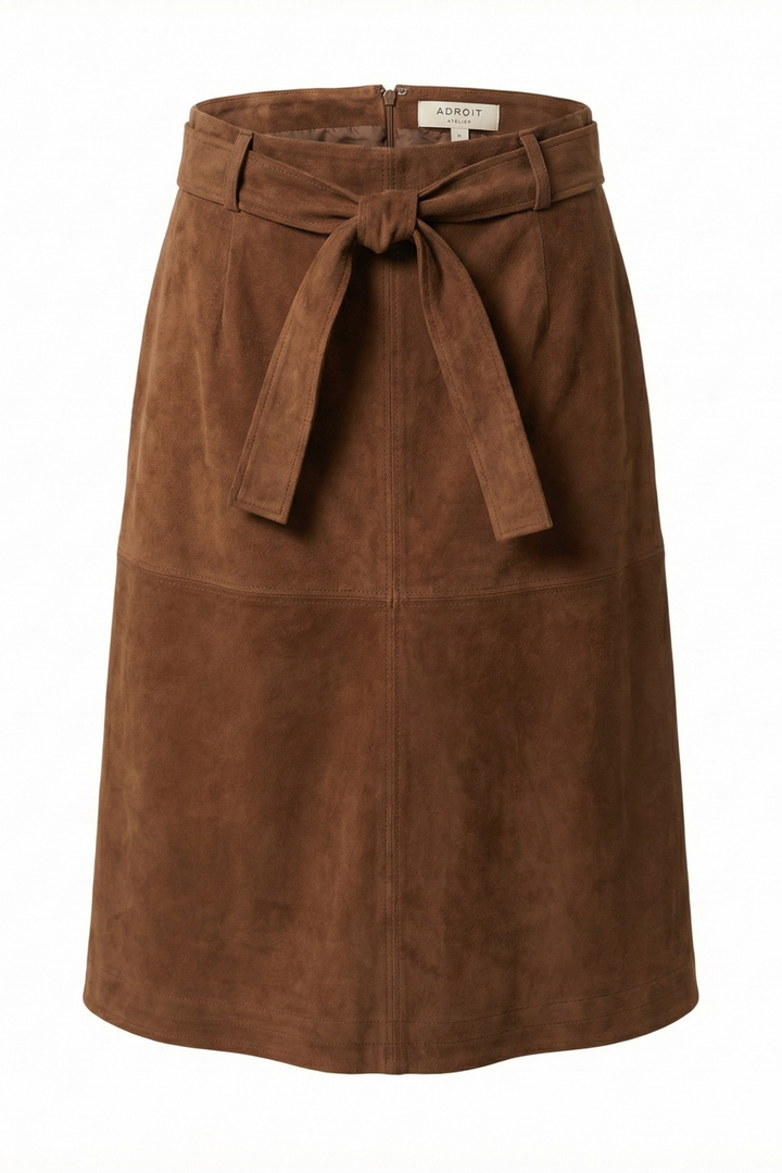Adroit Atelier Dandy Slighlty A-Line Belted Faux Suede Skirt in Brown available at Barbara Katz