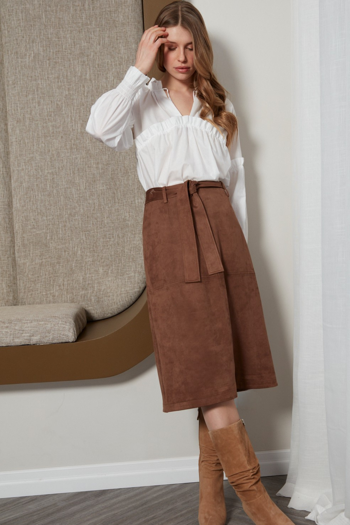 Adroit Atelier Dandy Slighlty A-Line Belted Faux Suede Skirt in Brown available at Barbara Katz