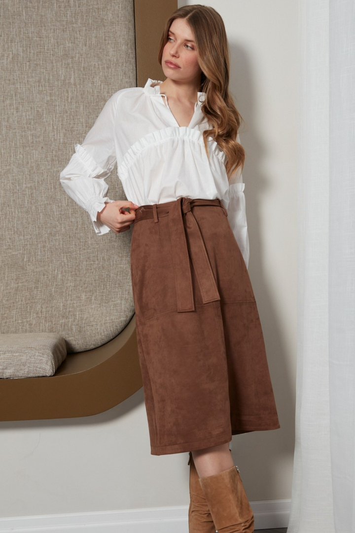 Adroit Atelier Dandy Slighlty A-Line Belted Faux Suede Skirt in Brown available at Barbara Katz