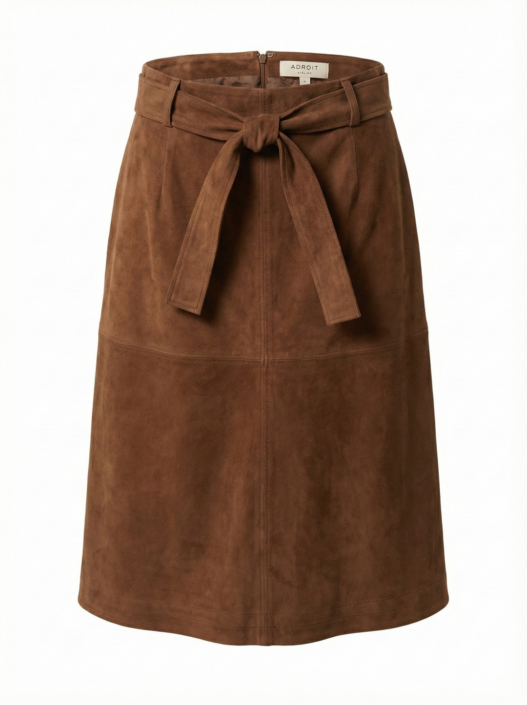 Adroit Atelier Dandy Slighlty A-Line Belted Faux Suede Skirt in Brown available at Barbara Katz