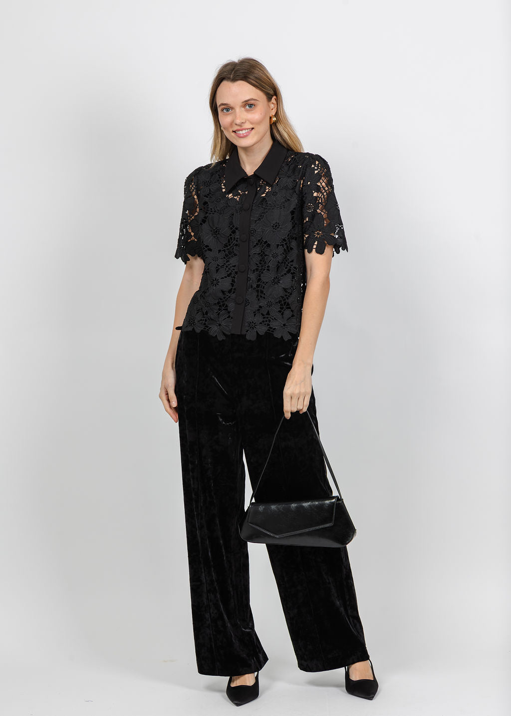 Dani Parker The Dani Lace Top in Black paired with Lysse Shay Crushed St Velvet Suit Pant in Black available at Barbara Katz