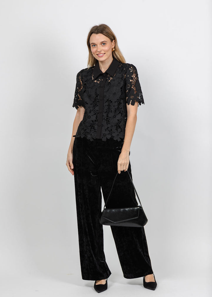 Dani Parker The Dani Lace Top in Black paired with Lysse Shay Crushed St Velvet Suit Pant in Black available at Barbara Katz