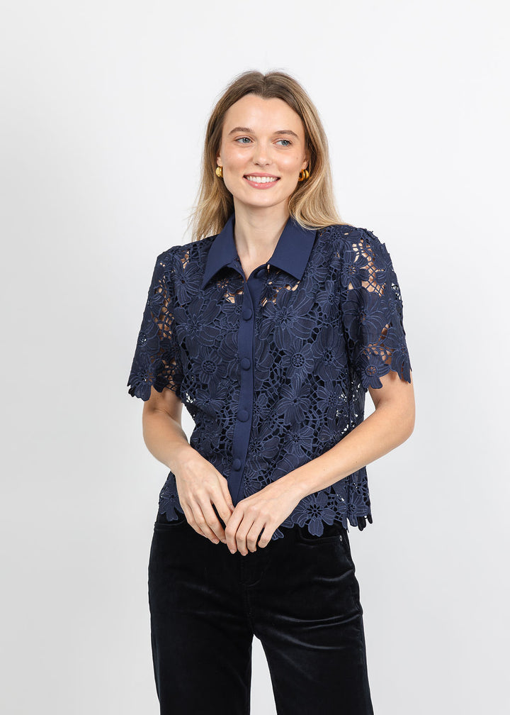 Dani Parker The Dani Lace Top in Navy available at Barbara Katz