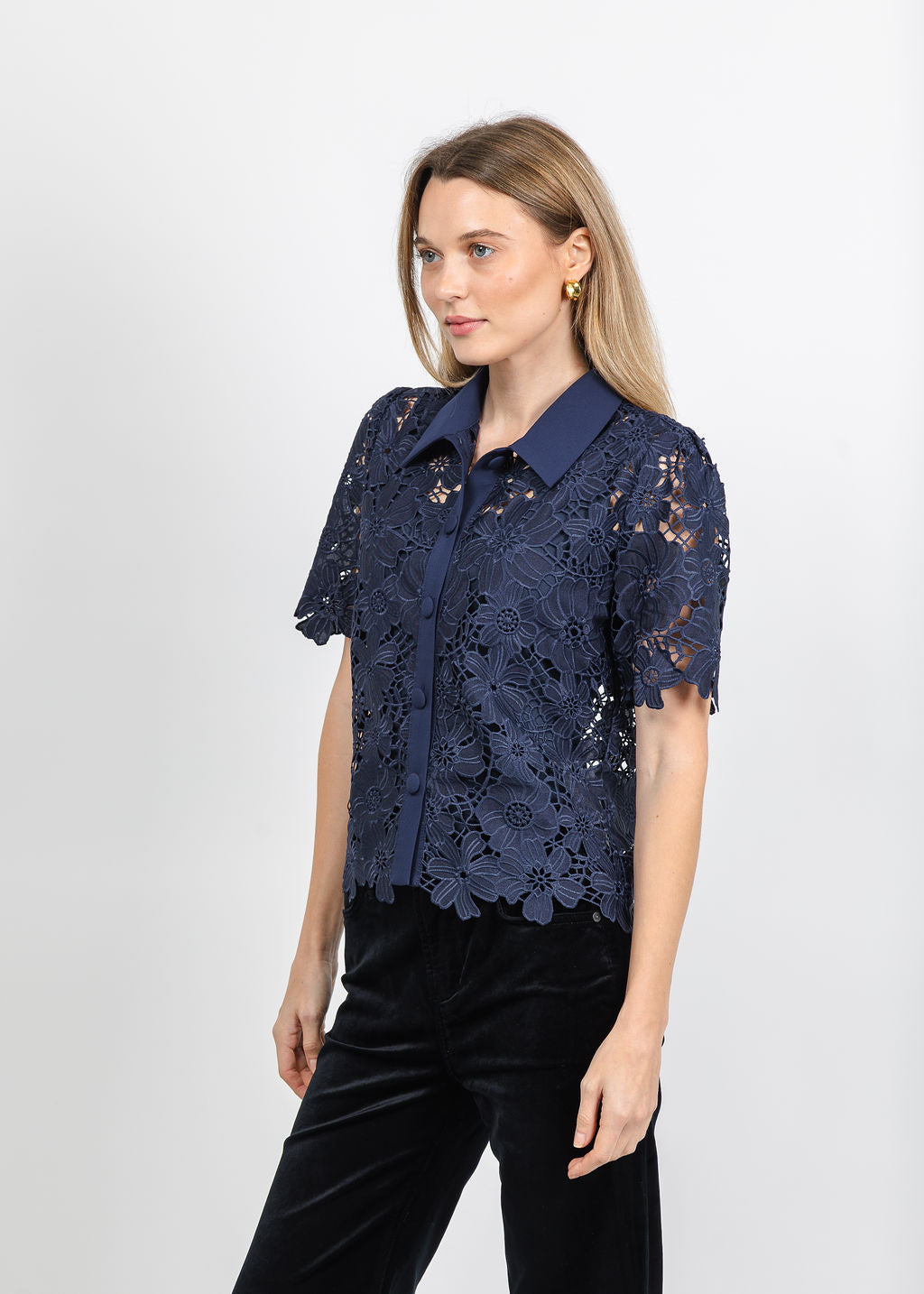 Dani Parker The Dani Lace Top in Navy available at Barbara Katz