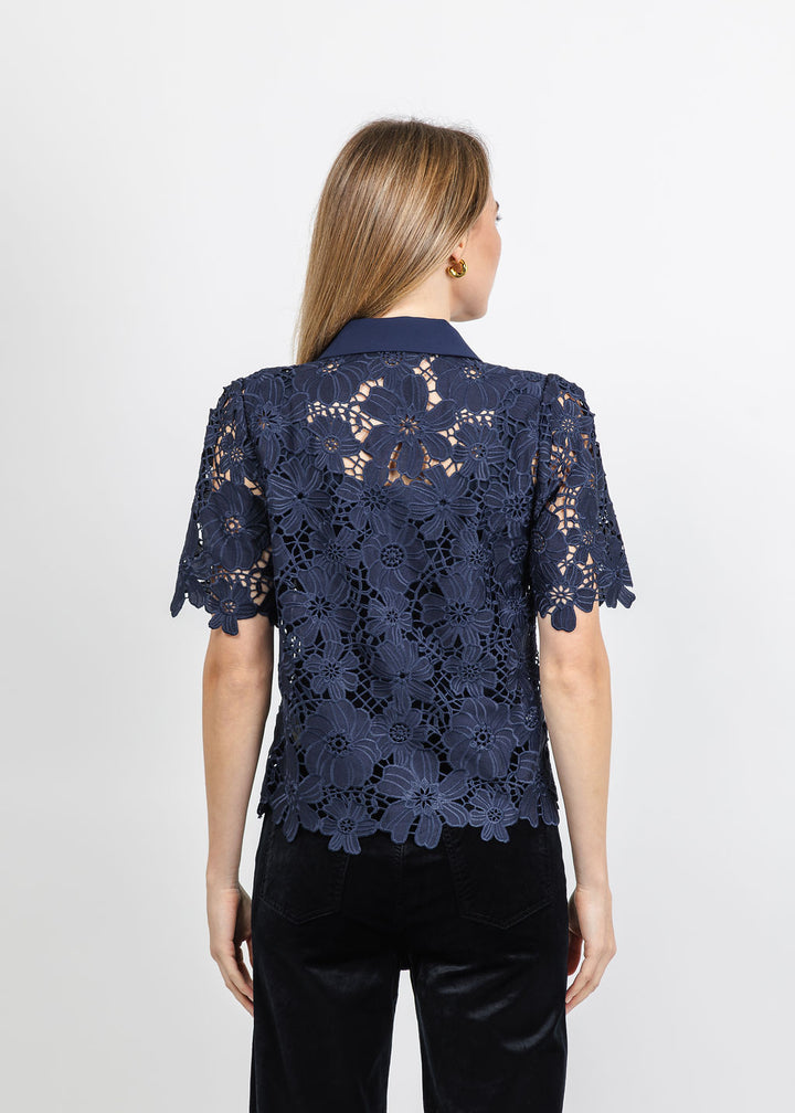 Dani Parker The Dani Lace Top in Navy available at Barbara Katz