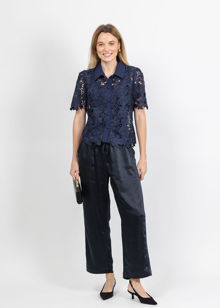 Dani Parker The Dani Lace Top in Navy paired with Melissa Nepton Colette Satin Pant in Dark Navy available at Barbara Katz