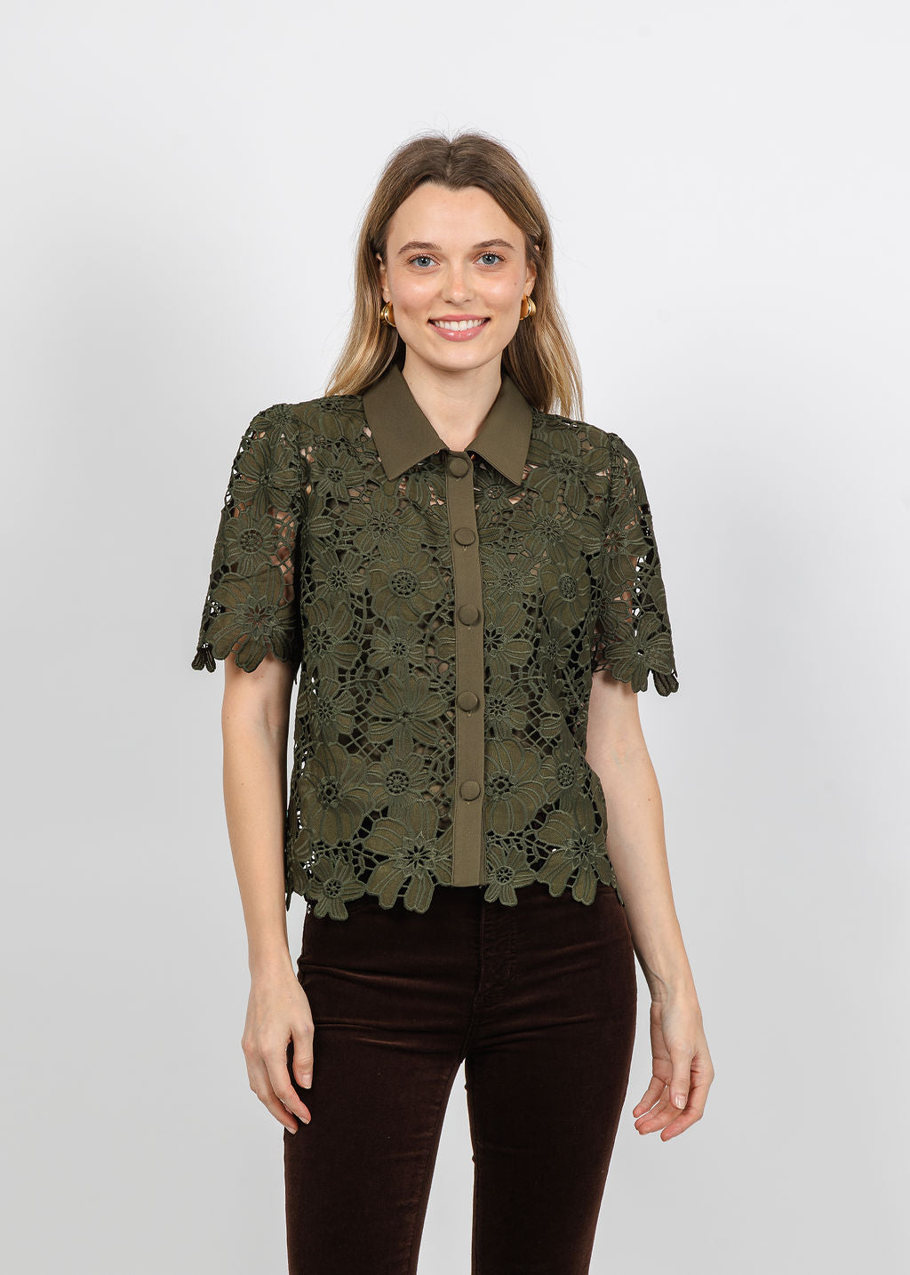 Dani Parker The Dani Lace Top in Olive available at Barbara Katz