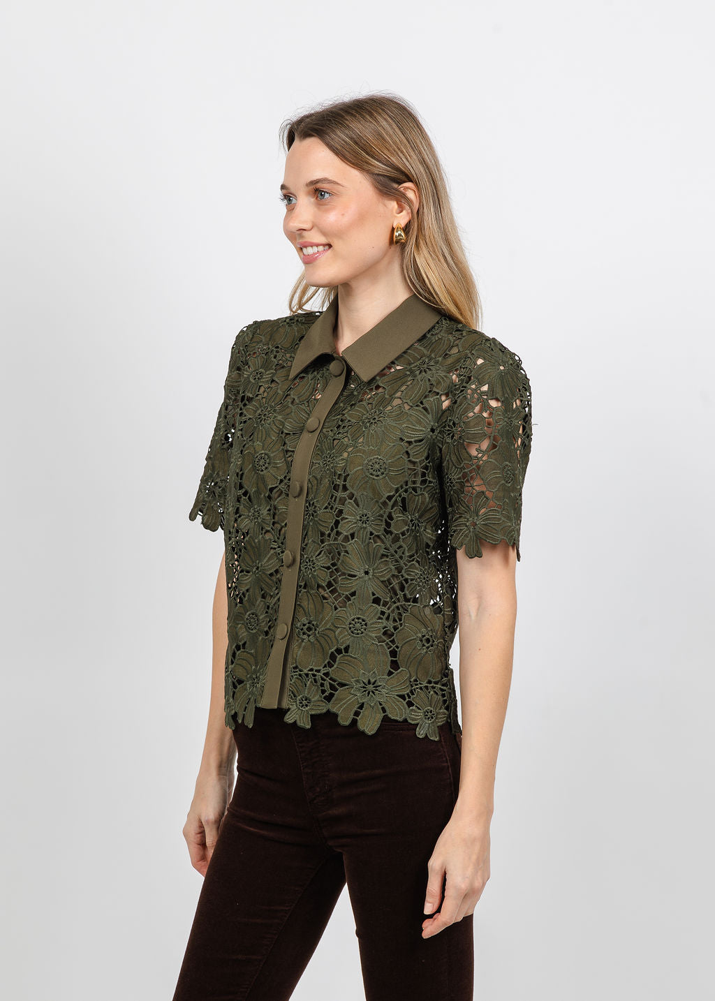 Dani Parker The Dani Lace Top in Olive available at Barbara Katz