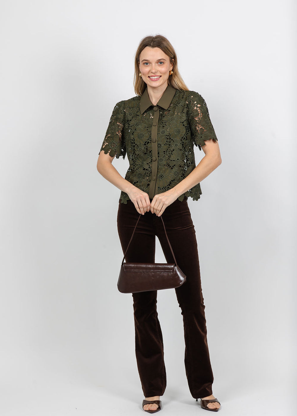 Dani Parker The Dani Lace Top in Olive paired with Frame The Corduroy Reboot Pant in Espresso available at Barbara Katz