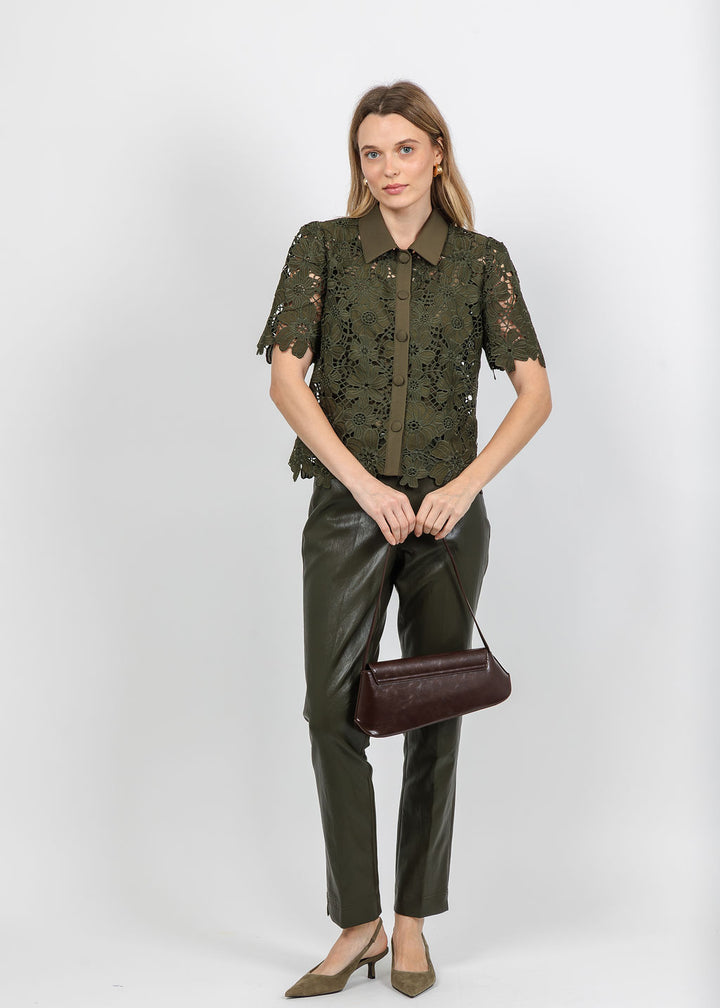Dani Parker The Dani Lace Top in Olive paired with Peace of Cloth Annie Ultra Faux Pant in Olive available at Barbara Katz