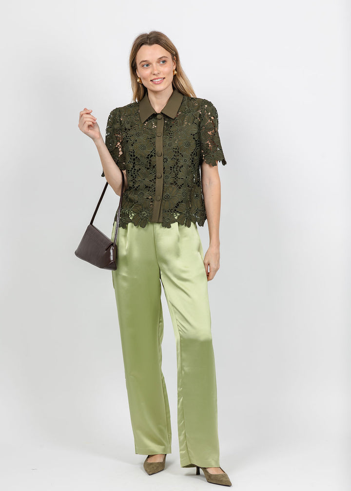 Dani Parker The Dani Lace Top in Olive paired with Hinson Wu Hostess Liquid Satin Pant in Pistachio available at Barbara Katz