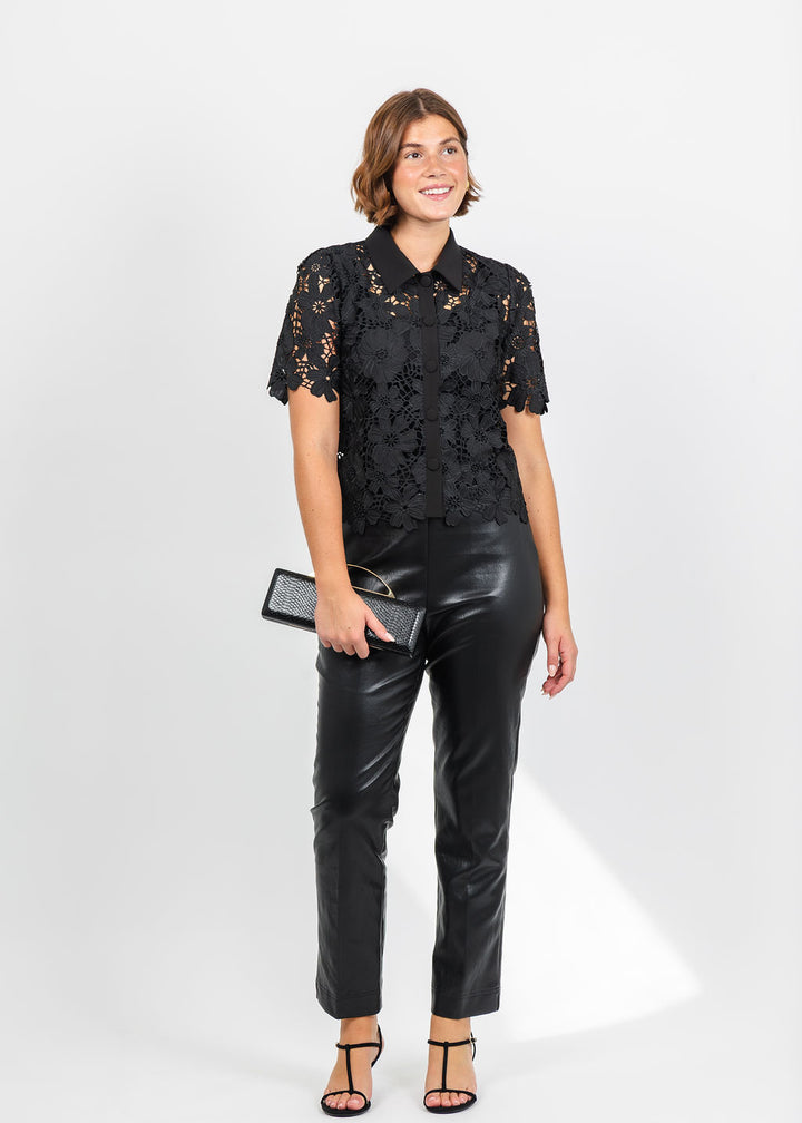 Dani Parker The Dani Lace Top in Black paired with Peace of Cloth Annie Ultra Faux Pant in Black available at Barbara Katz