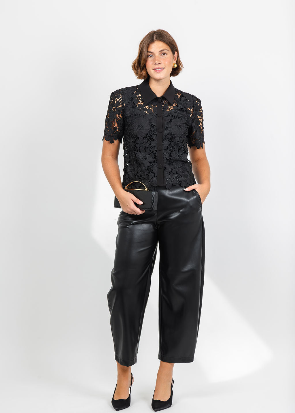 Dani Parker The Dani Lace Top in Black paired with Raffaello Rossi Phibi 7/8 Vegan Leather Pant in Black available at Barbara Katz