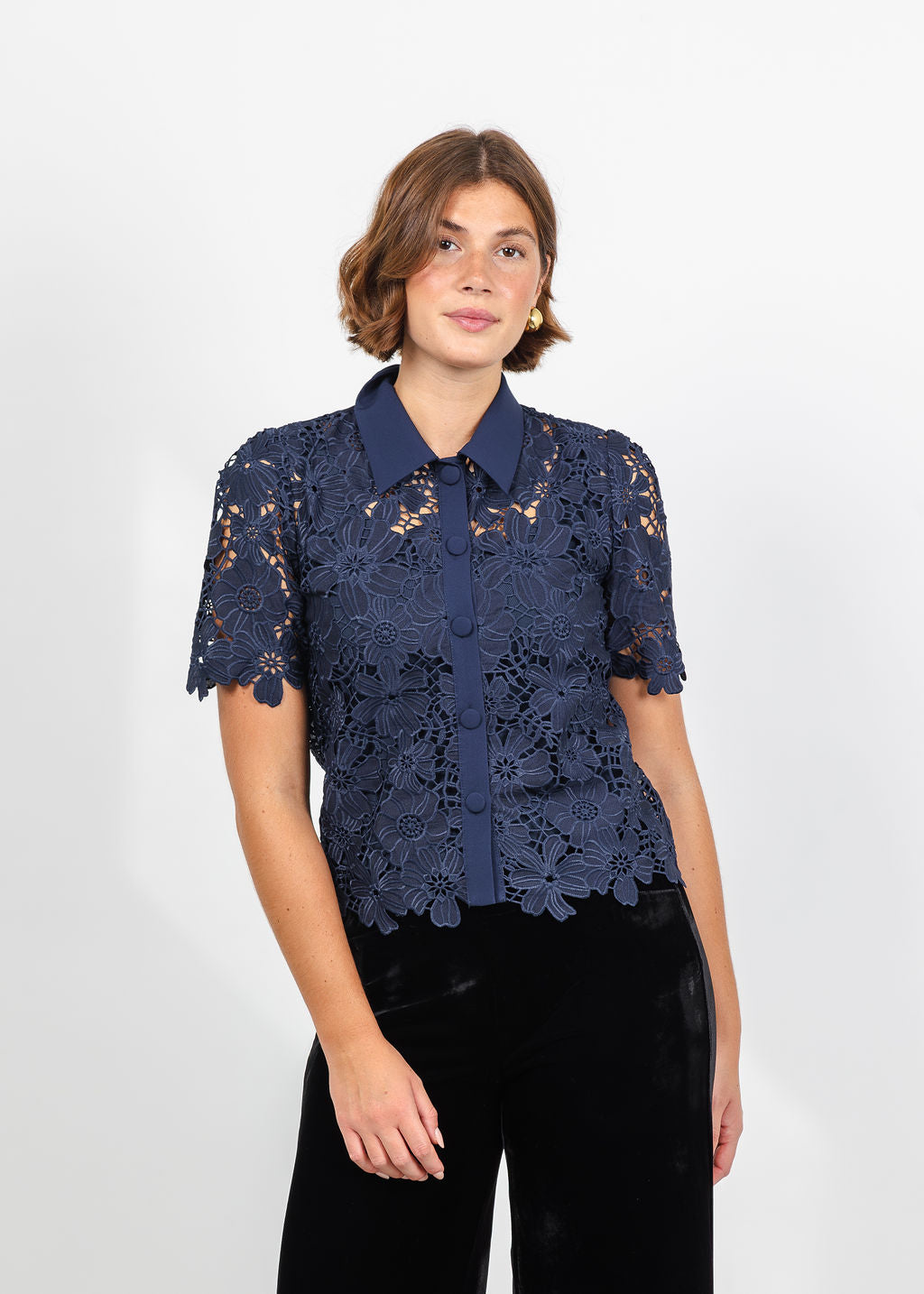 Dani Parker The Dani Lace Top in Navy available at Barbara Katz