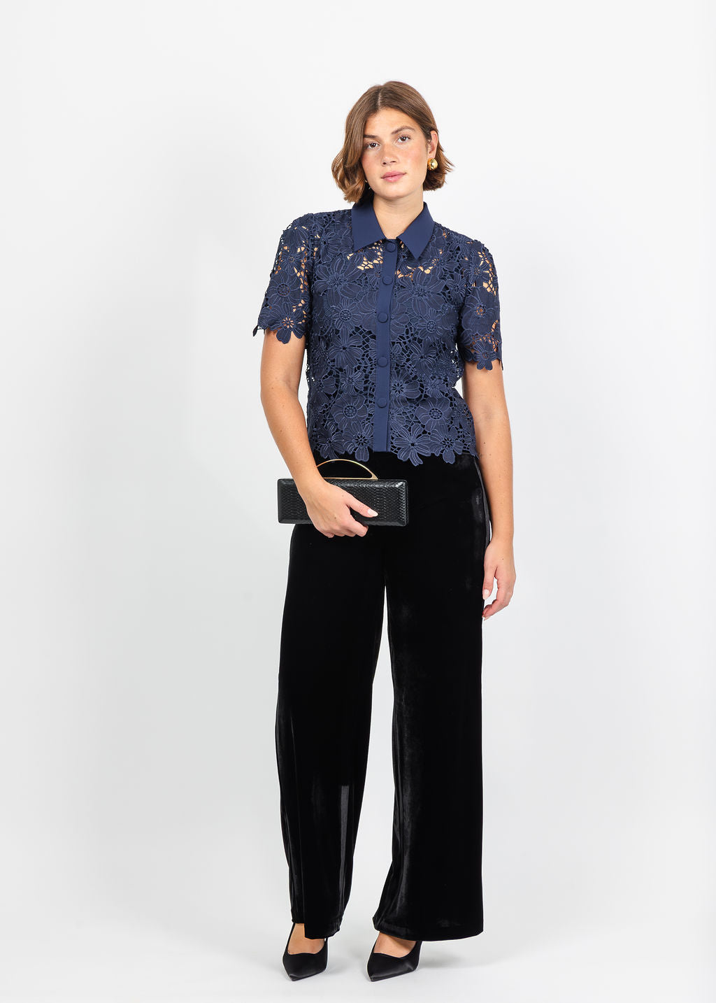 Dani Parker The Dani Lace Top in Navy available at Barbara Katz