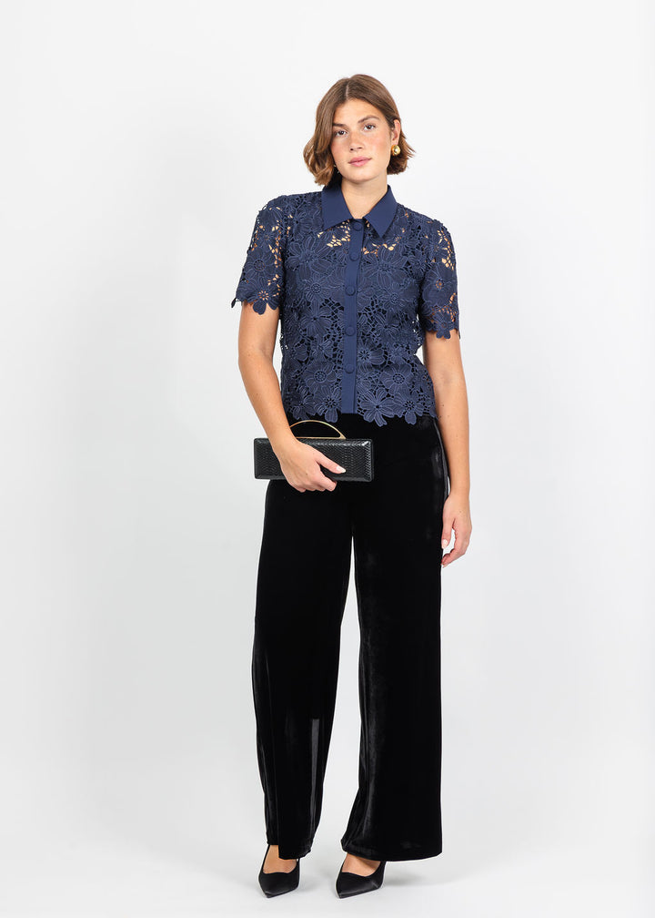 Dani Parker The Dani Lace Top in Navy available at Barbara Katz