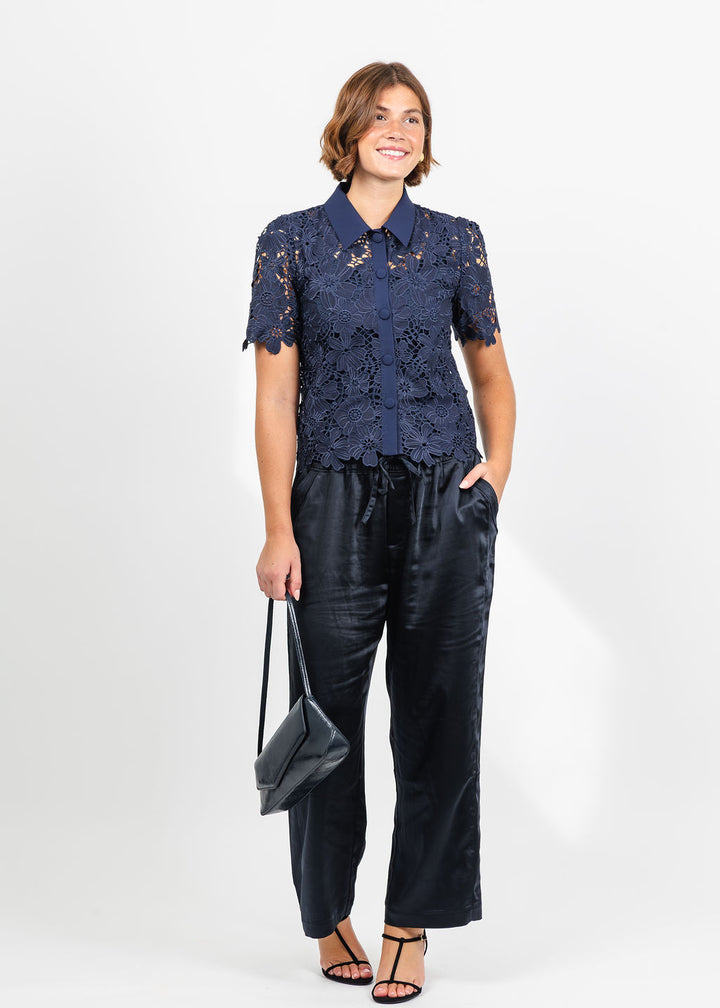 Dani Parker The Dani Lace Top in Navy paired with Melissa Nepton Colette Satin Pant in Dark Navy available at Barbara Katz