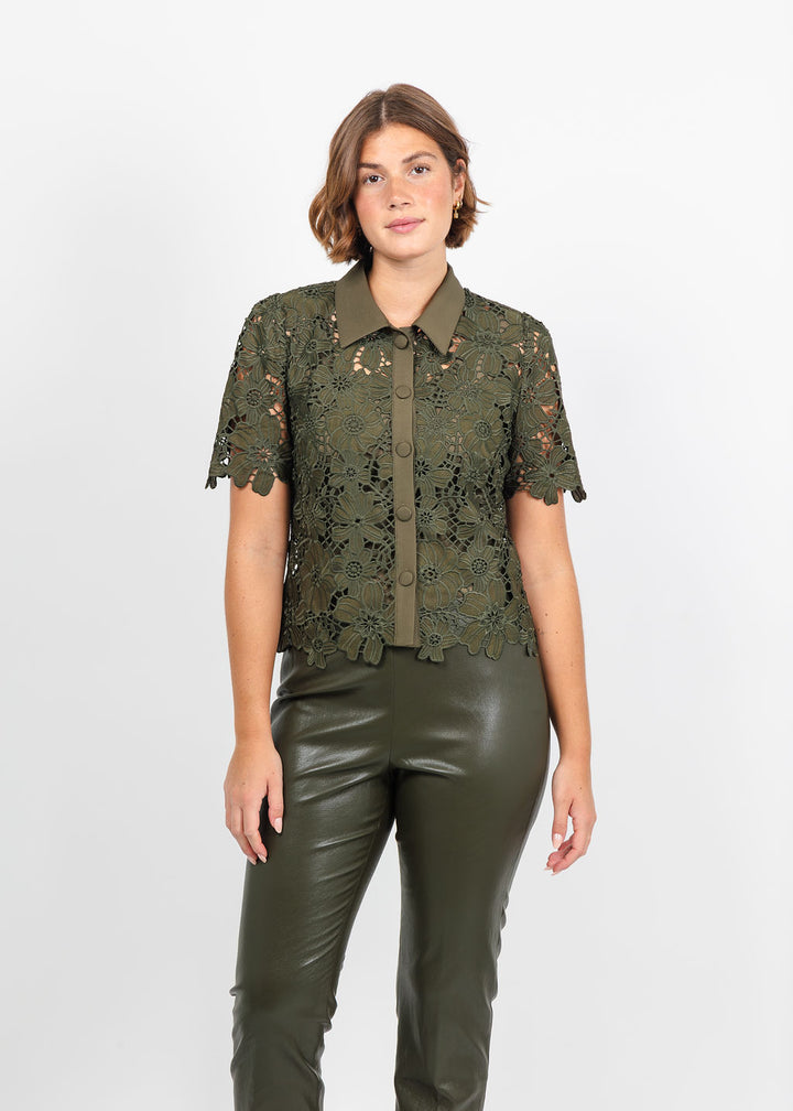 Dani Parker The Dani Lace Top in Olive available at Barbara Katz