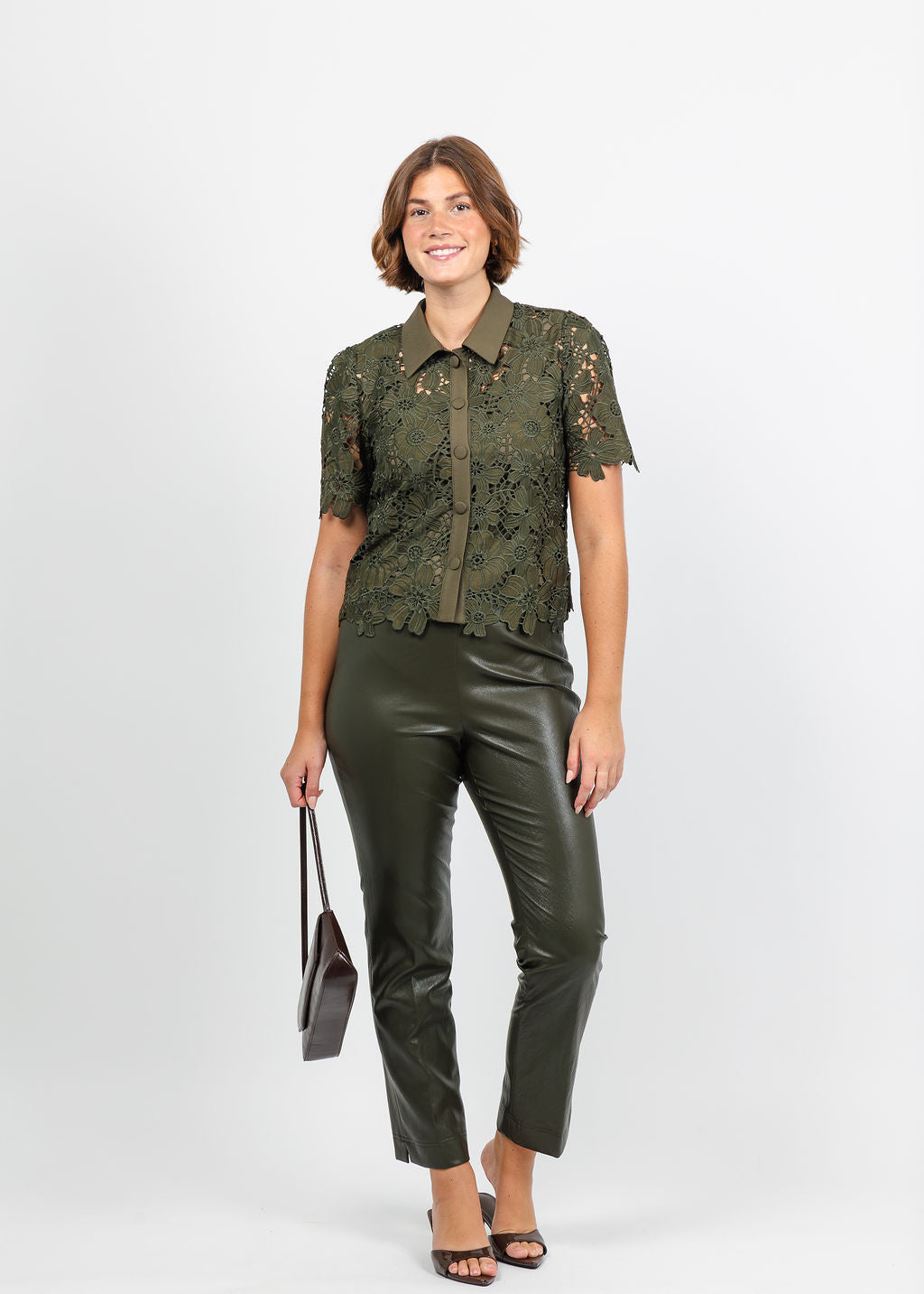 Dani Parker The Dani Lace Top in Olive paired with Peace of Cloth Annie Ultra Faux Pant in Olive available at Barbara Katz