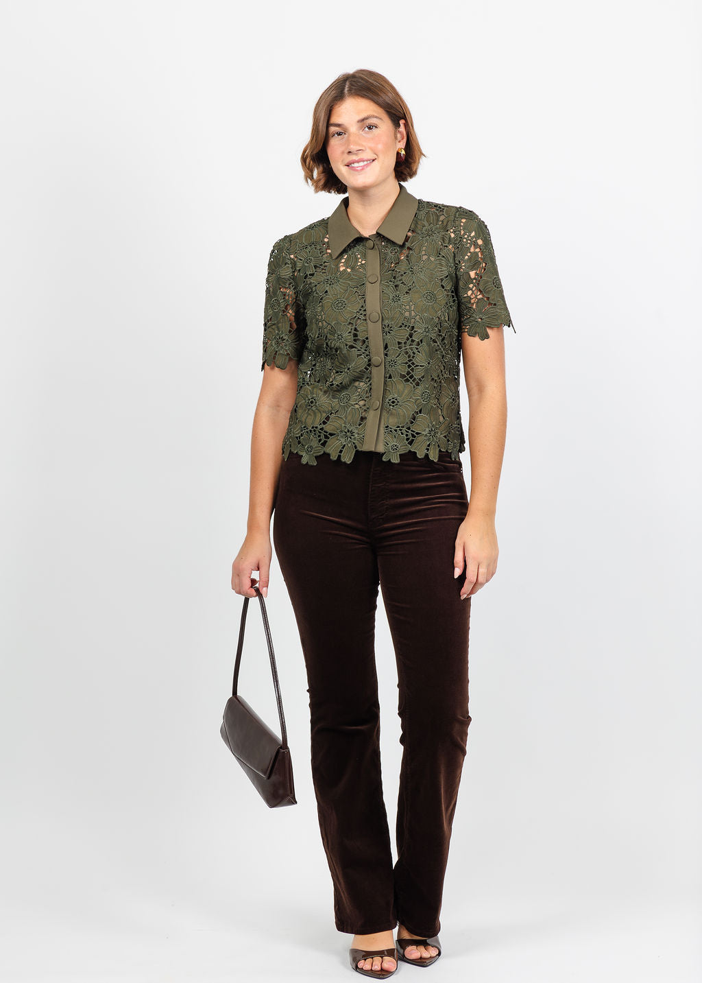 Dani Parker The Dani Lace Top in Olive paired with Frame The Corduroy Reboot Pant in Espresso available at Barbara Katz