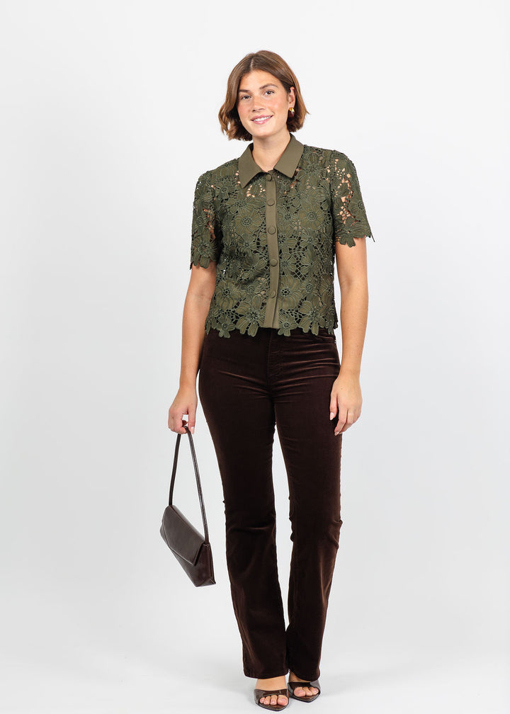Dani Parker The Dani Lace Top in Olive paired with Frame The Corduroy Reboot Pant in Espresso available at Barbara Katz