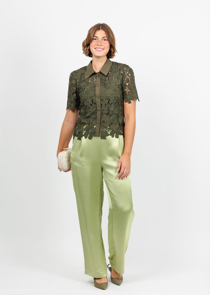 Dani Parker The Dani Lace Top in Olive paired with Hinson Wu Hostess Liquid Satin Pant in Pistachio available at Barbara Katz