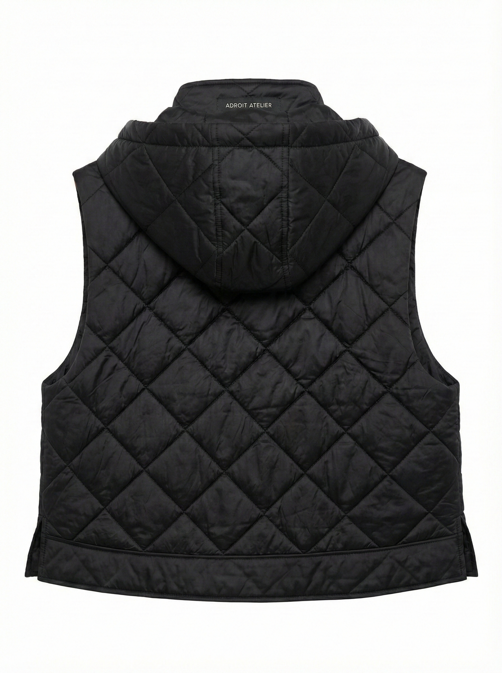 Adroit Atelier Daniela Sleeveless Diamond Quilted Vest With Detachable Hood in Black available at Barbara Katz