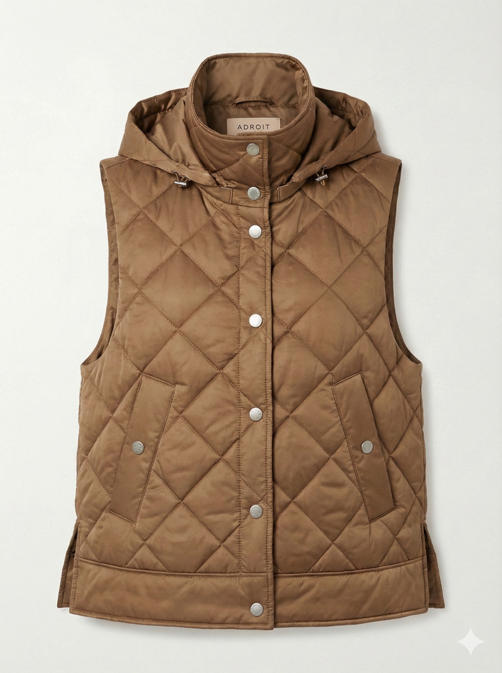 Adroit Atelier Daniela Sleeveless Diamond Quilted Vest With Detachable Hood in Bronze available at Barbara Katz