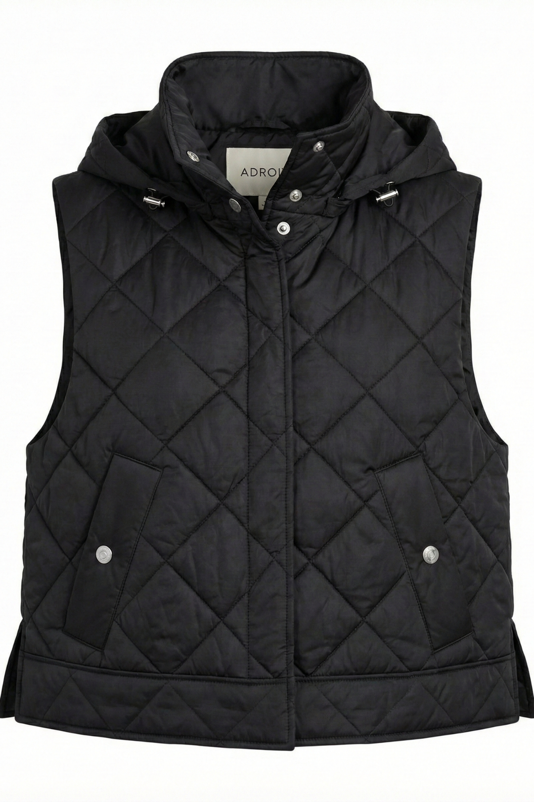 Adroit Atelier Daniela Sleeveless Diamond Quilted Vest With Detachable Hood in Black available at Barbara Katz