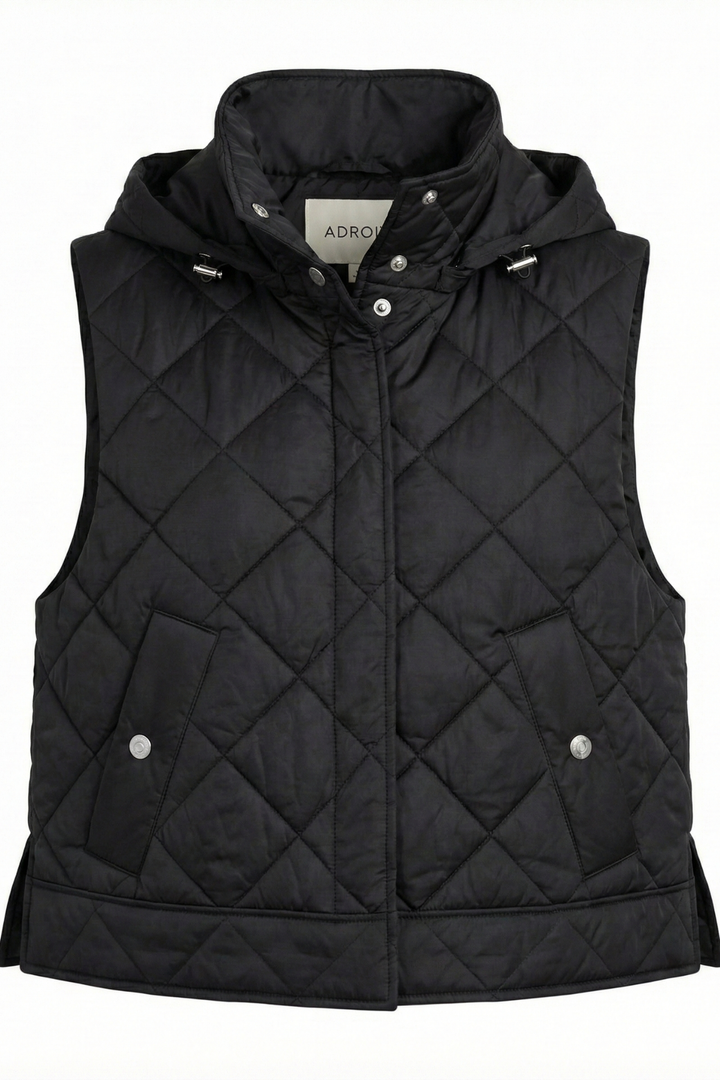 Adroit Atelier Daniela Sleeveless Diamond Quilted Vest With Detachable Hood in Black available at Barbara Katz