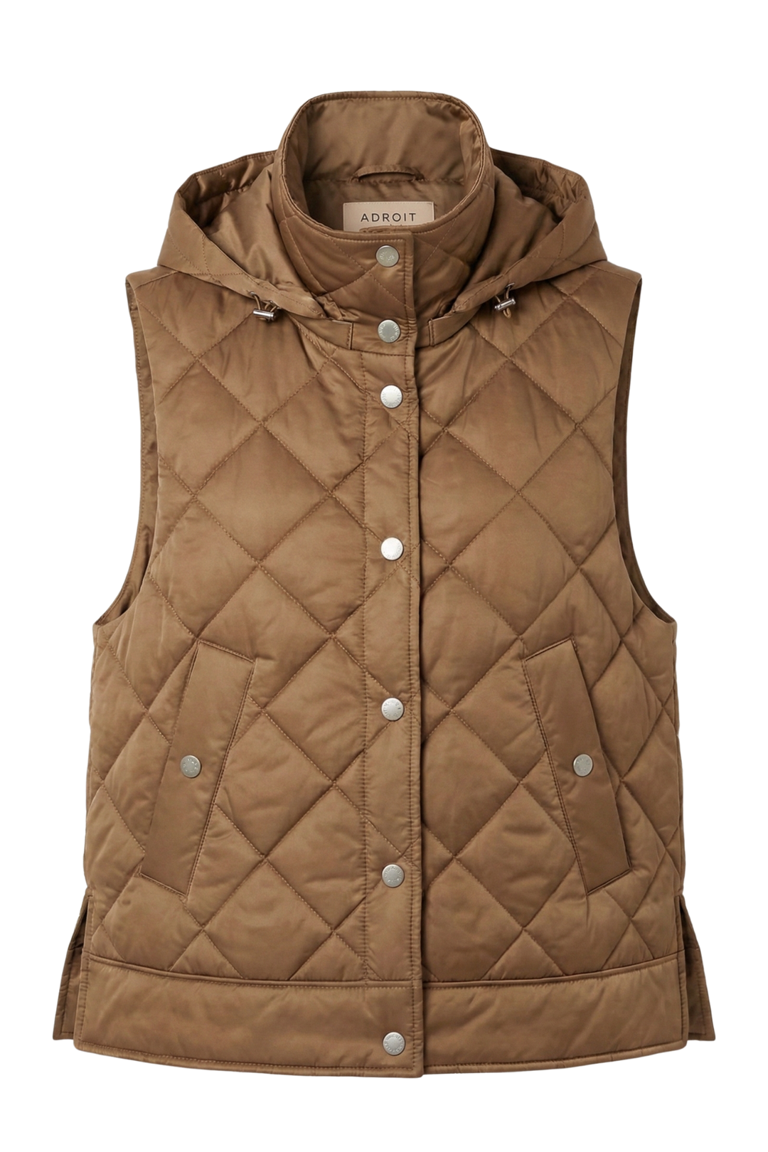 Adroit Atelier Daniela Sleeveless Diamond Quilted Vest With Detachable Hood in Bronze available at Barbara Katz