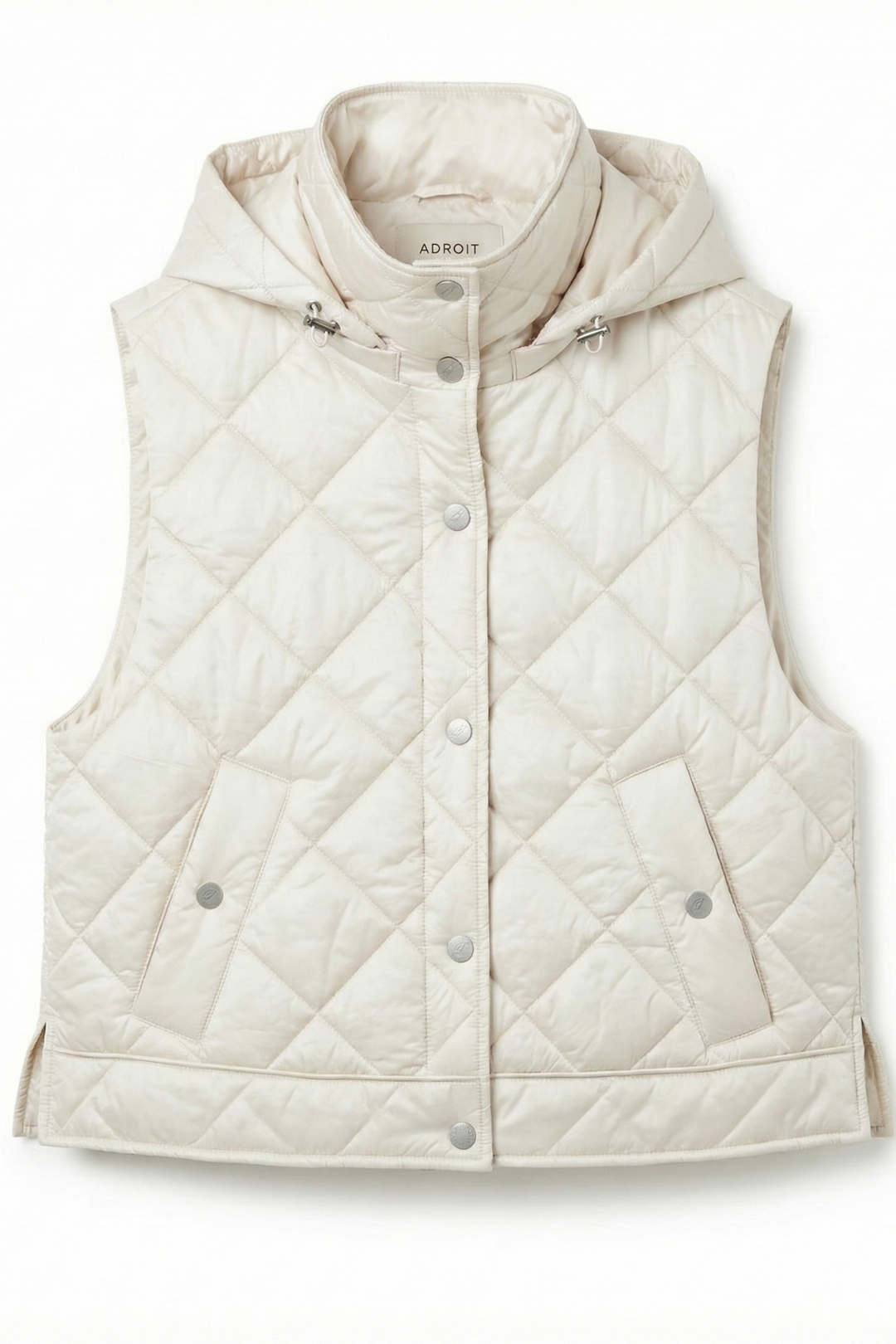 Adroit Atelier Daniela Sleeveless Diamond Quilted Vest With Detachable Hood in Champagne available at Barbara Katz