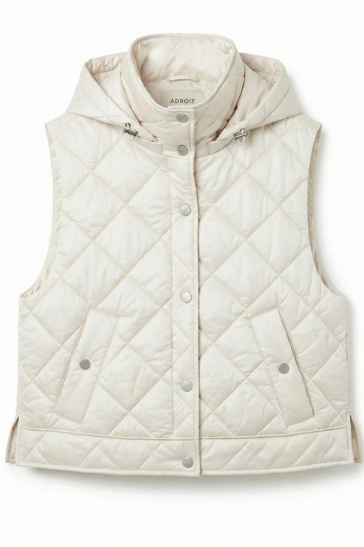 Adroit Atelier Daniela Sleeveless Diamond Quilted Vest With Detachable Hood in Champagne available at Barbara Katz