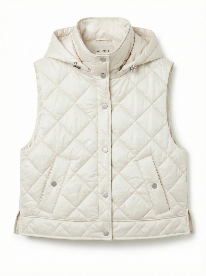 Adroit Atelier Daniela Sleeveless Diamond Quilted Vest With Detachable Hood in Champagne available at Barbara Katz