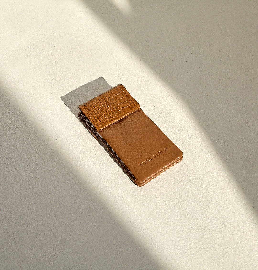 Daniella Lehavi Iris Double Glasses Case in Camel Croco available at Barbara Katz