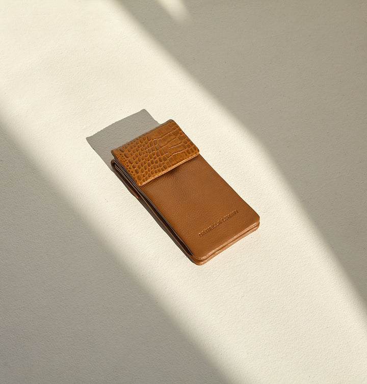 Daniella Lehavi Iris Double Glasses Case in Camel Croco available at Barbara Katz