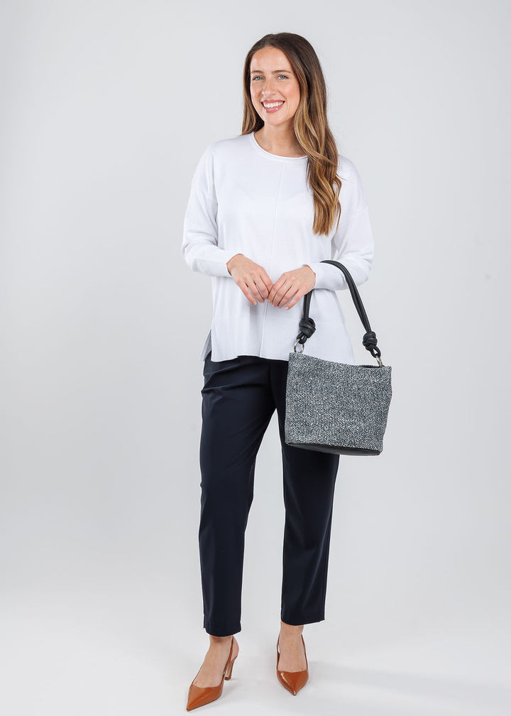 BK Shaina Center Seam Sweater in White paired with Raffaello Rossi Liliana Pants in Navy, Daniella Lehavi Dallas Hobo Bag in BK Straw Melange available at Barbara Katz