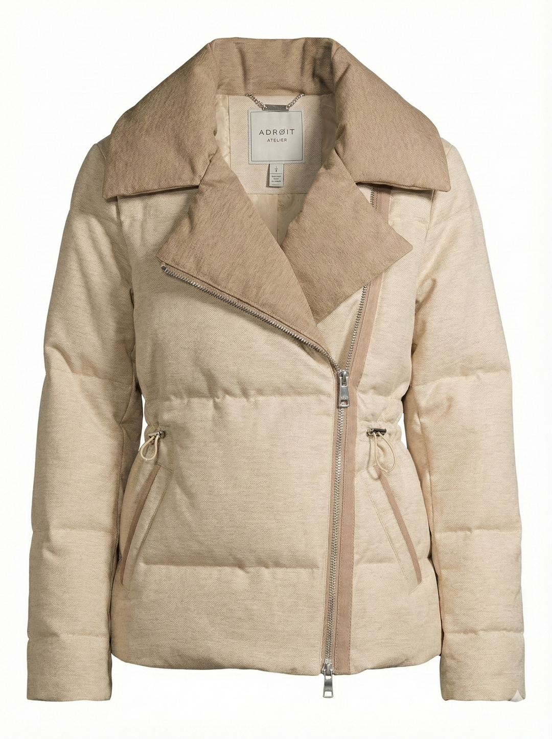 Adroit Atelier Daphne Tailored-Collar, Adjusted Waist Down Jacket in Oatmeal available at Barbara Katz