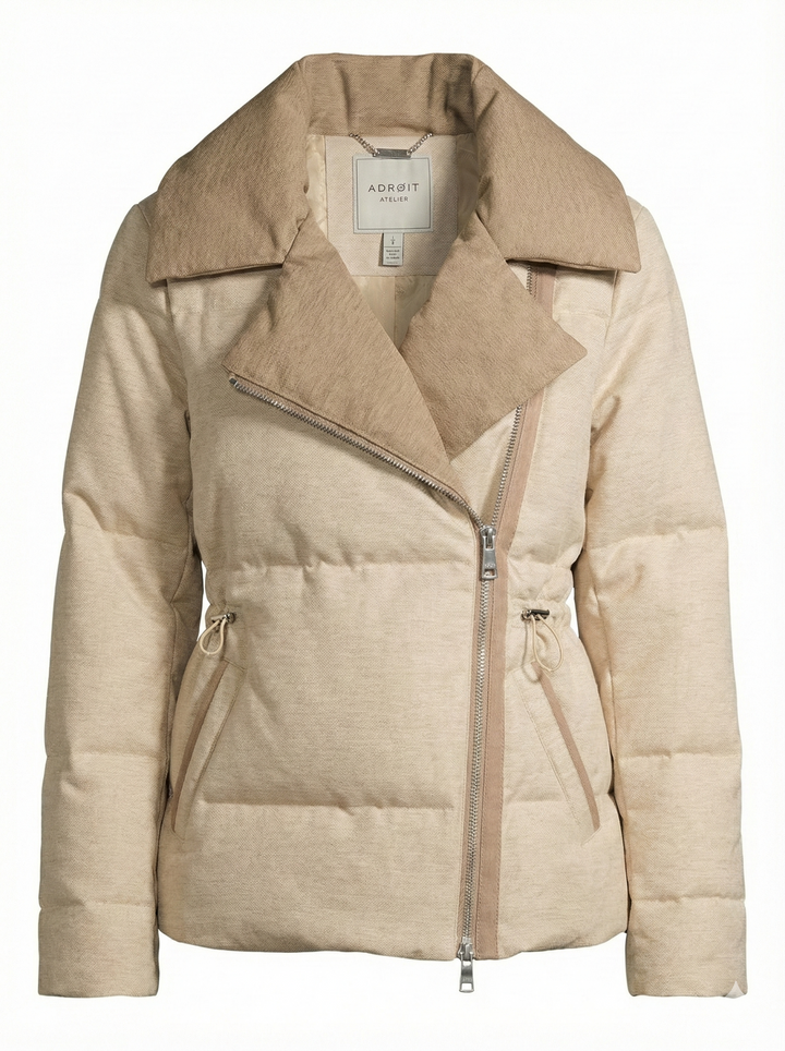 Adroit Atelier Daphne Tailored-Collar, Adjusted Waist Down Jacket in Oatmeal available at Barbara Katz