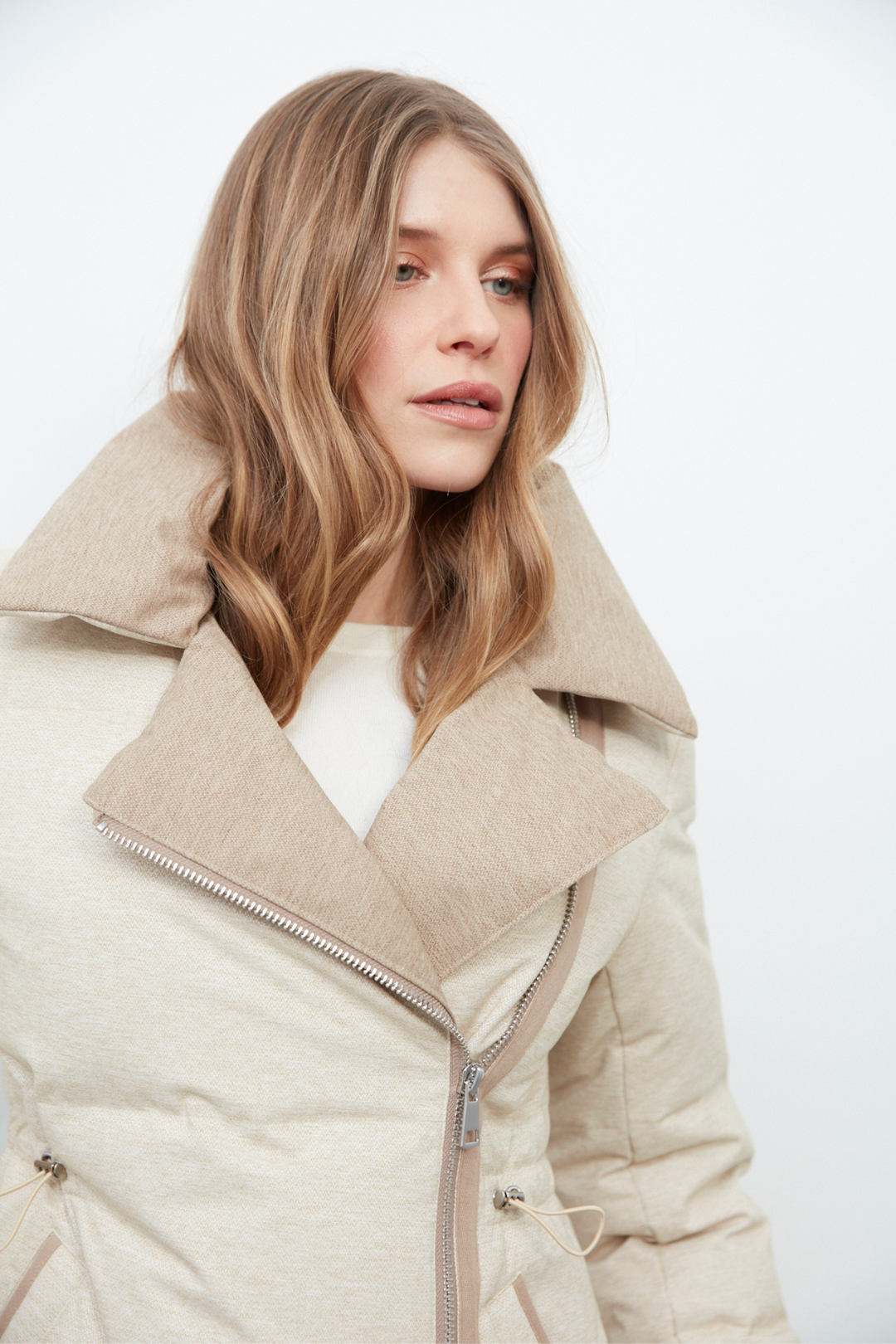 Adroit Atelier Daphne Tailored-Collar, Adjusted Waist Down Jacket in Oatmeal available at Barbara Katz