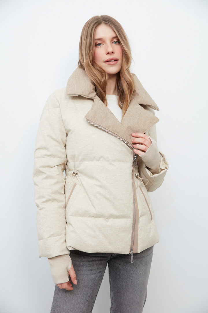 Adroit Atelier Daphne Tailored-Collar, Adjusted Waist Down Jacket in Oatmeal available at Barbara Katz