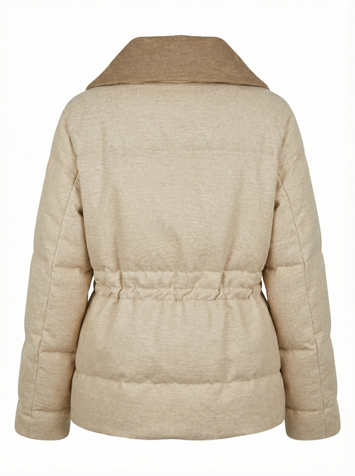 Adroit Atelier Daphne Tailored-Collar, Adjusted Waist Down Jacket in Oatmeal available at Barbara Katz