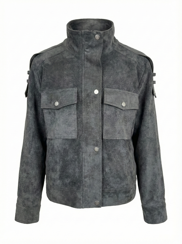 Adroit Atelier Darcy Funnel-Neck Zip Front Jacket in Charcoal available at Barbara Katz