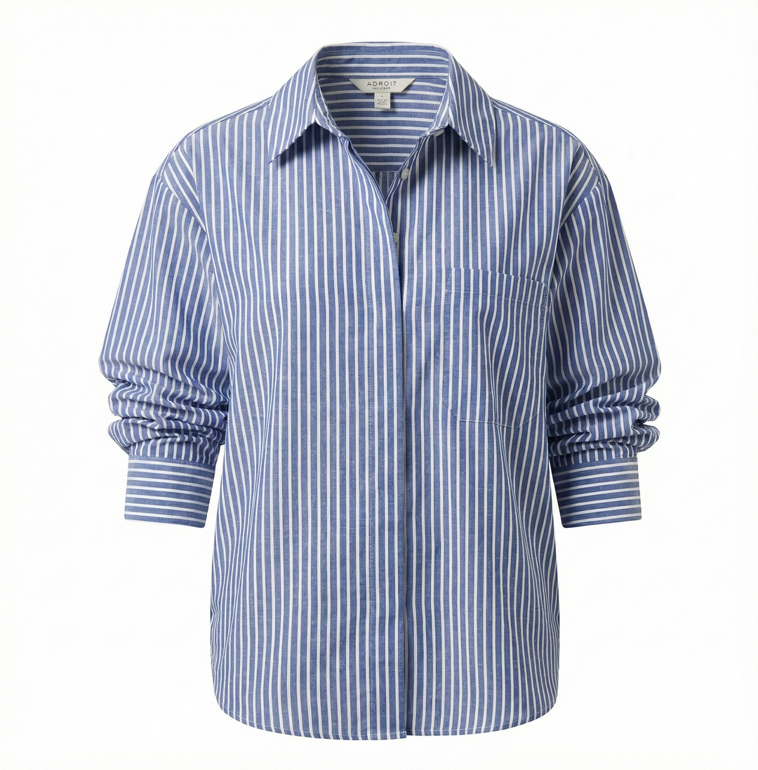 Adroit Atelier Daria Button-Front Shirt With Ruched Sleeves in Blue Stripe available at Barbara Katz