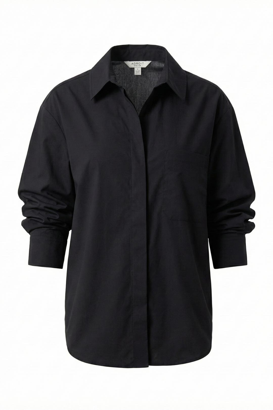 Adroit Atelier Daria Button-Front Shirt With Ruched Sleeves in Black available at Barbara Katz