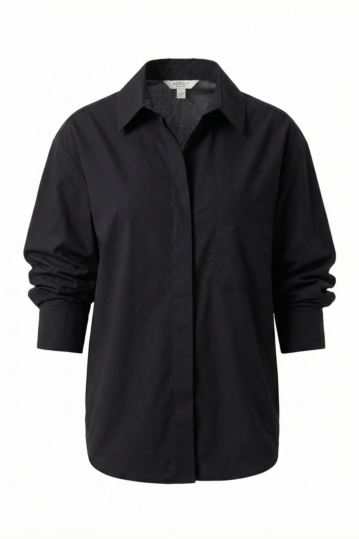 Adroit Atelier Daria Button-Front Shirt With Ruched Sleeves in Black available at Barbara Katz