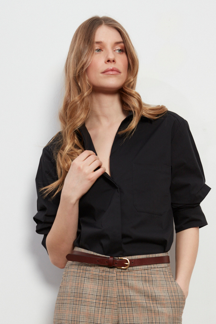 Adroit Atelier Daria Button-Front Shirt With Ruched Sleeves in Black available at Barbara Katz