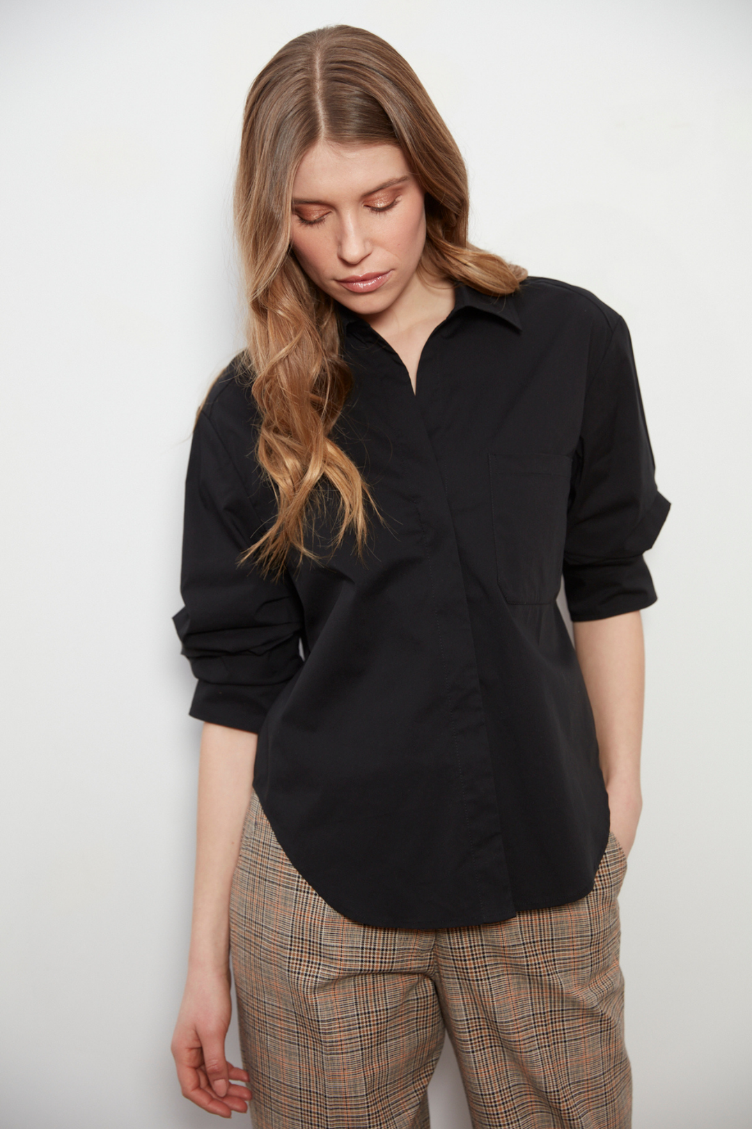 Adroit Atelier Daria Button-Front Shirt With Ruched Sleeves in Black available at Barbara Katz